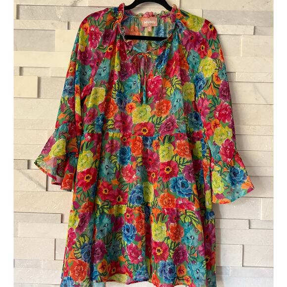 SHOW ME YOUR MUMU Viola Tiered Poet Slv Flowy Mini Dress Bright Floral Soiree S - Picture 2 of 5